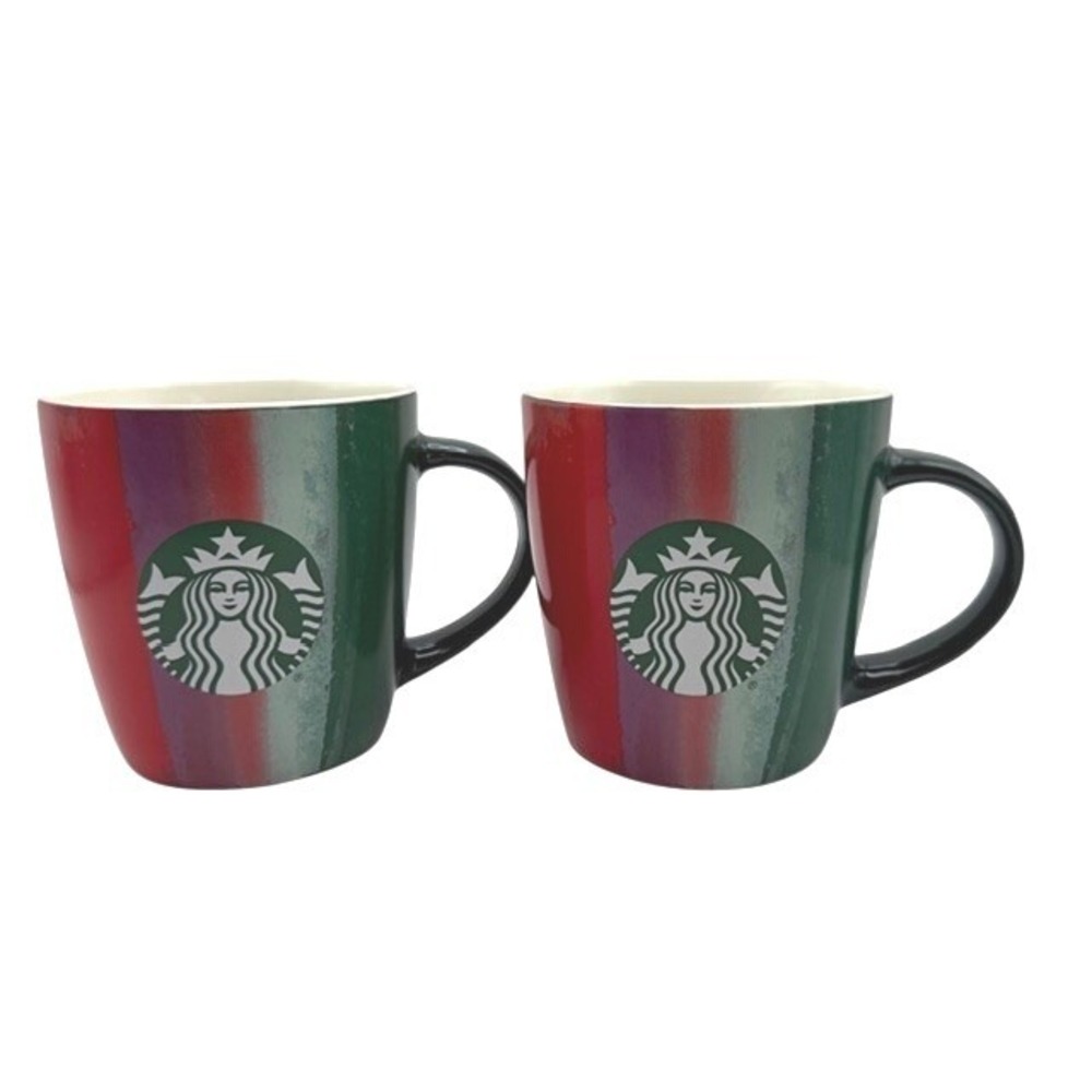 Starbucks 2021 Holiday Siren Logo Mug Red Green Striped 12oz Ceramic 12oz Set 2